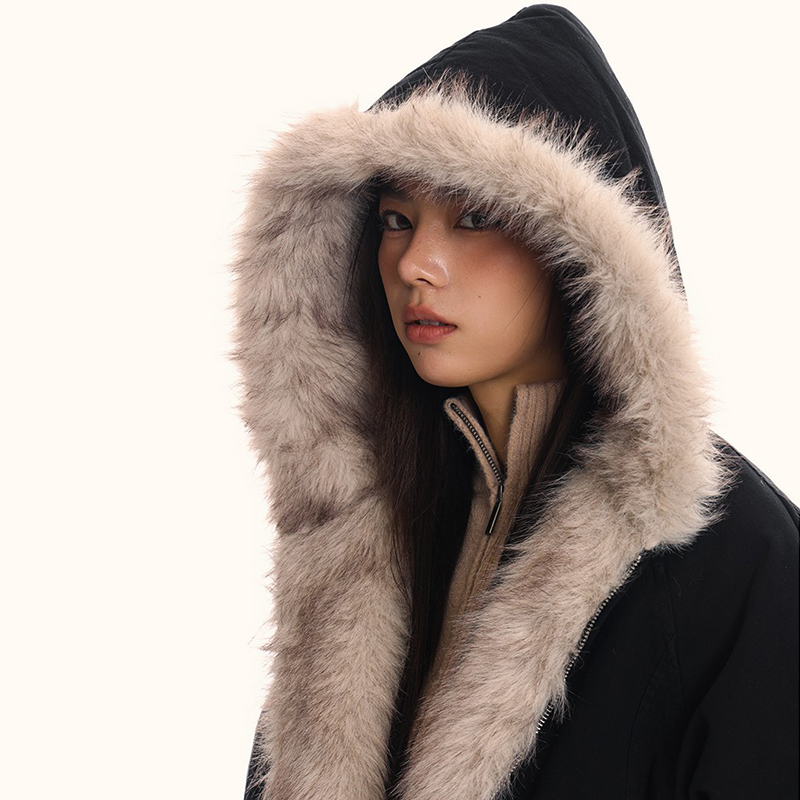 美式復古座山雕毛領外套女冬季加絨加厚保暖工裝夾克棉服