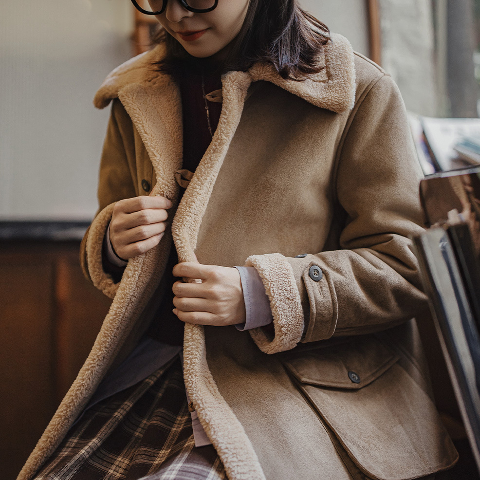 馬登女裝 復古巴恩風皮毛一體立翻領中長款加絨夾棉服襖大衣外套秋冬