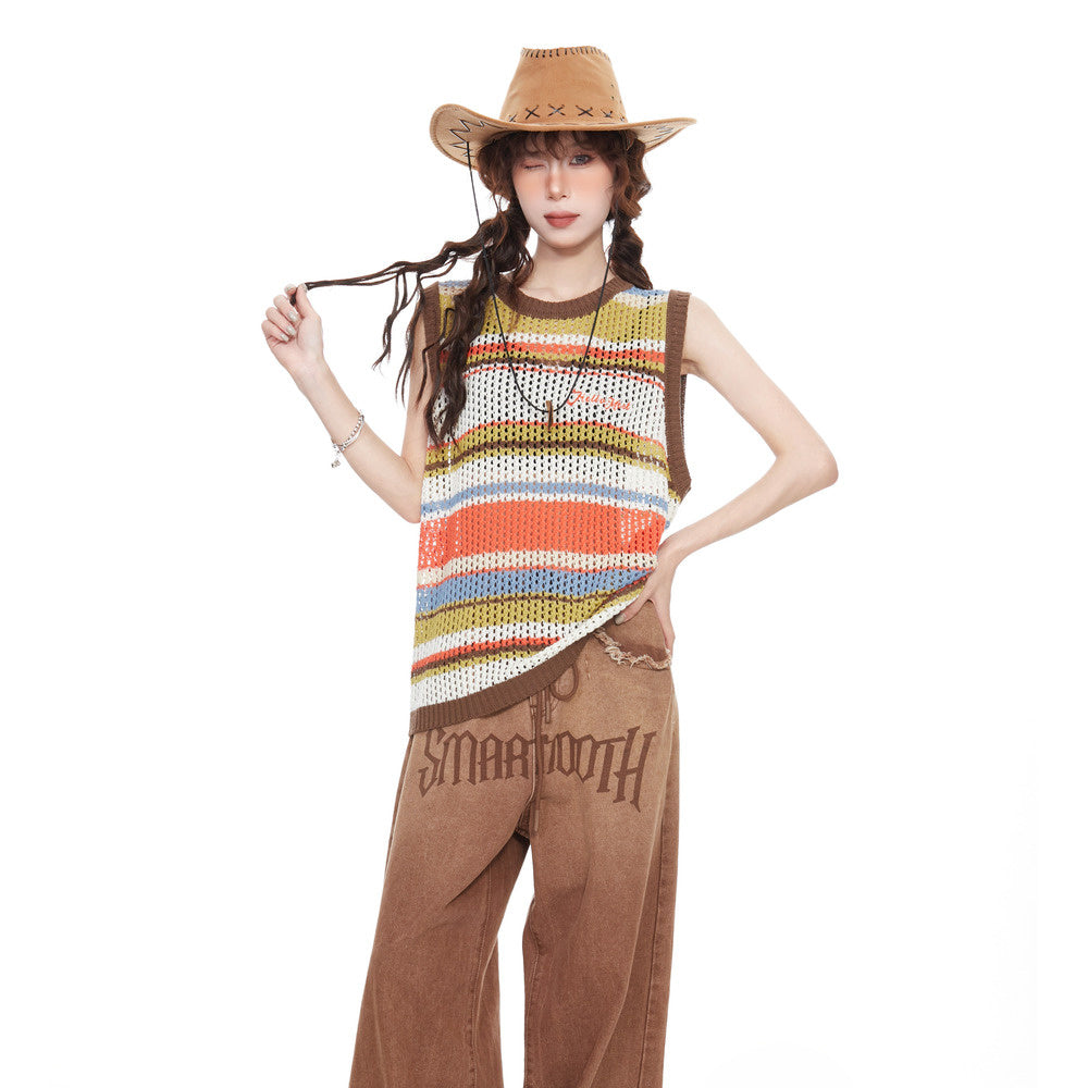 美式復古鏤空條紋針織吊帶背心女夏季多巴胺辣妹無袖外穿上衣