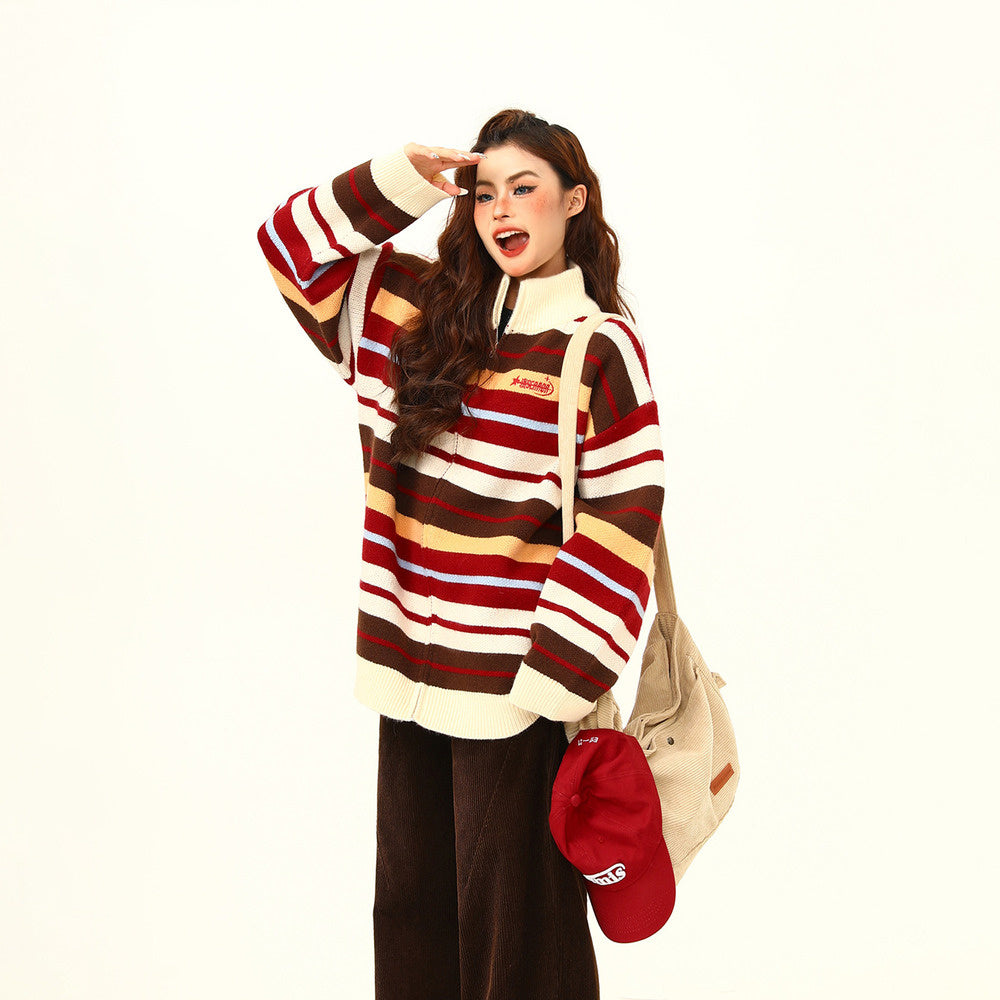 美式復古彩虹撞色針織衫半高領針織毛衣開衫寬鬆氛圍感外套