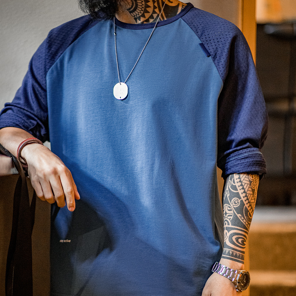 馬登工裝 美式休閒撞色網眼長袖T恤印花字母圓領套頭打底衫男春