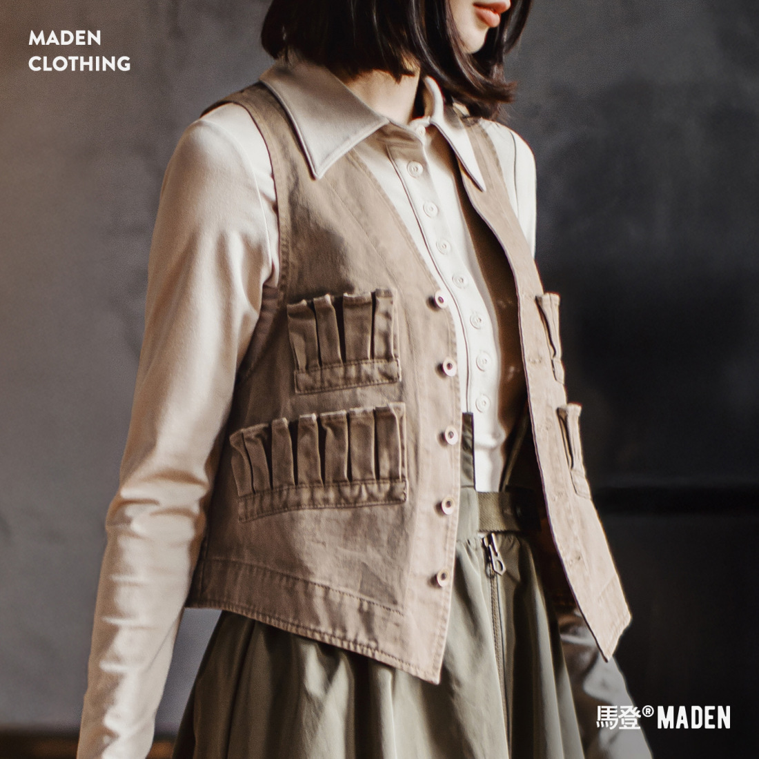 馬登女裝 復古多口袋V領無袖工裝外搭疊穿馬甲坎肩上衣女士秋季