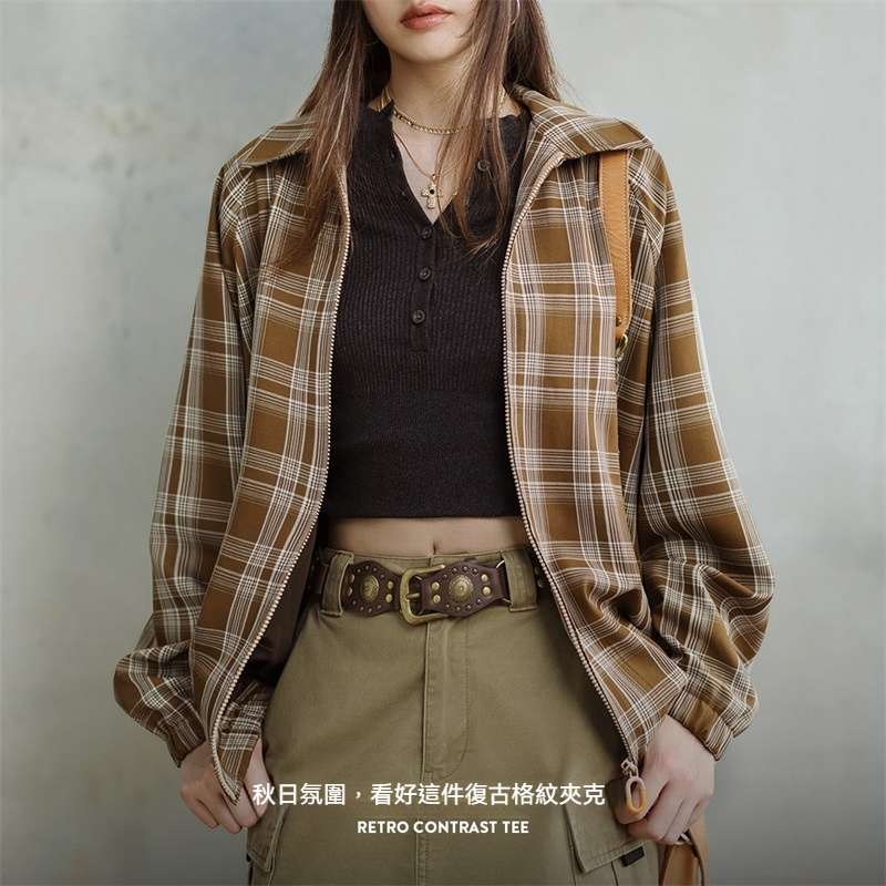 馬登女裝 美式復古格紋夾克設計感撞色翻領外套休閒寬鬆百搭上衣春秋