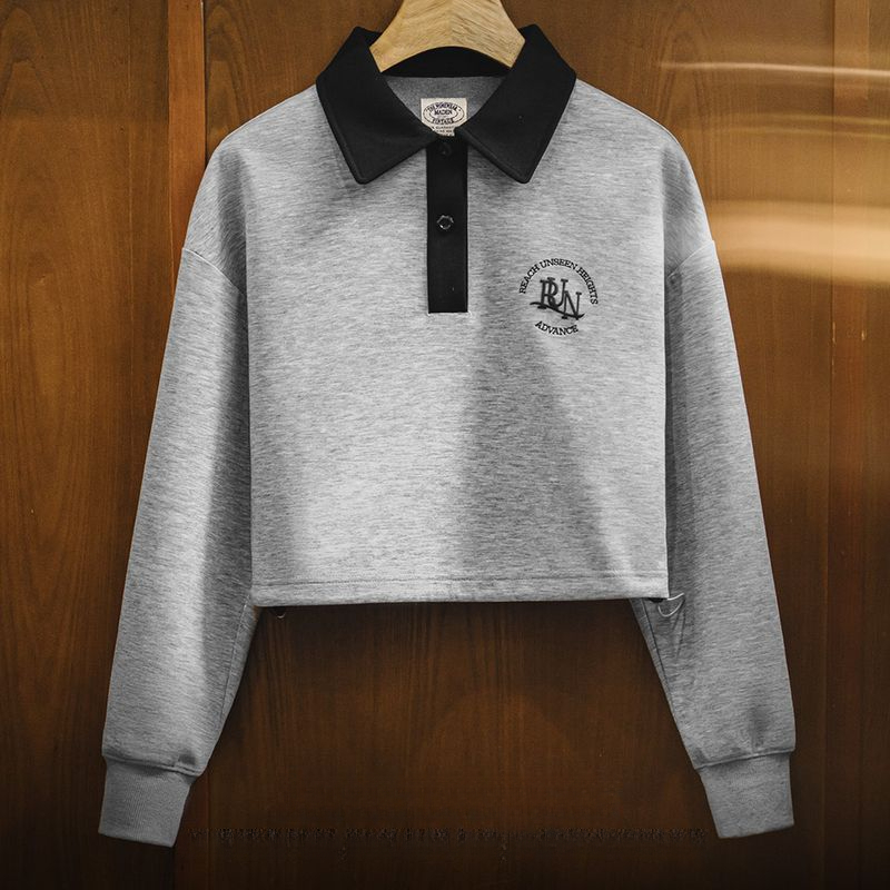 馬登女裝 復古格雷系空氣層運動Polo領衛衣健身長袖春季上衣