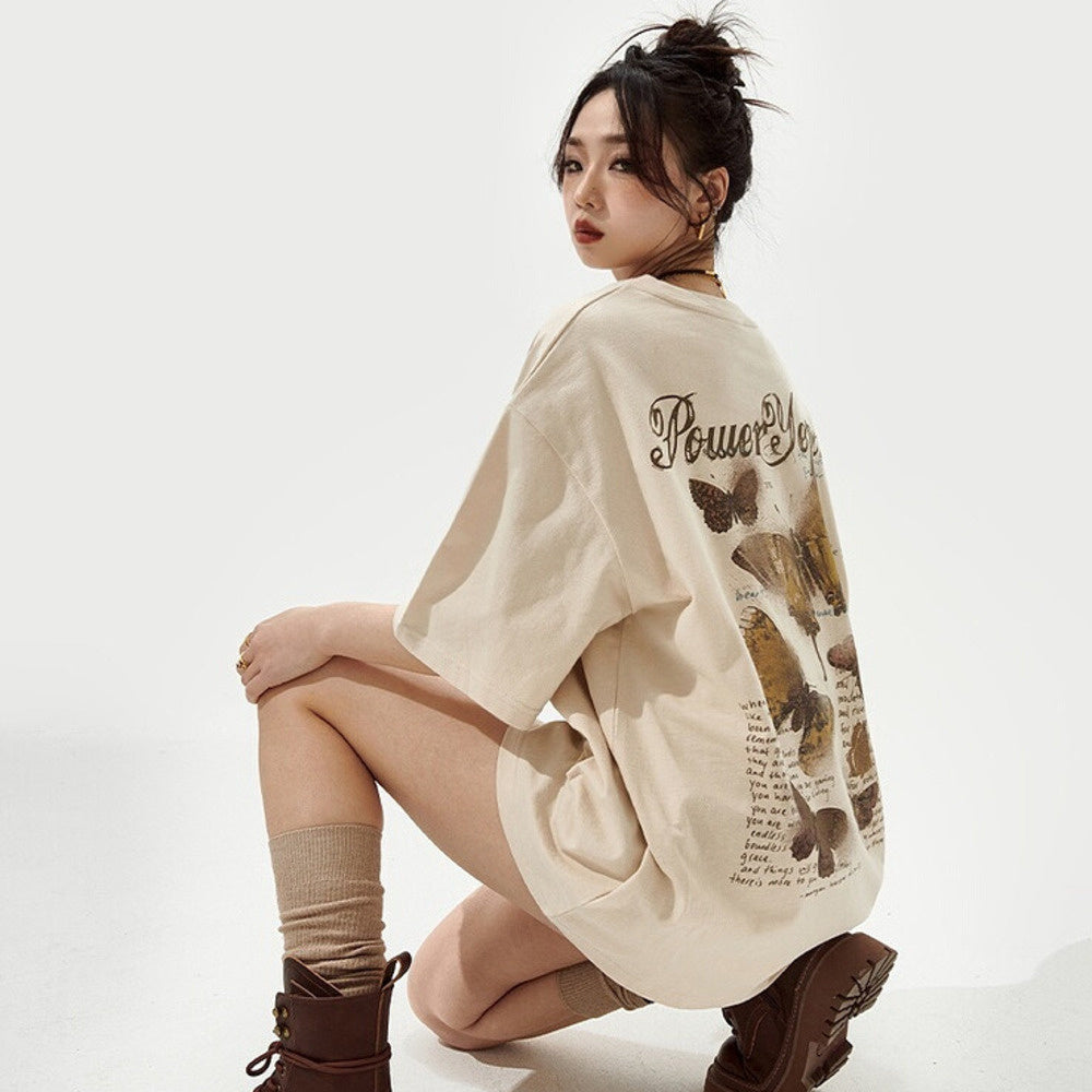 復古蝴蝶印花短袖T恤女寬鬆潮牌純棉半袖情侶上衣