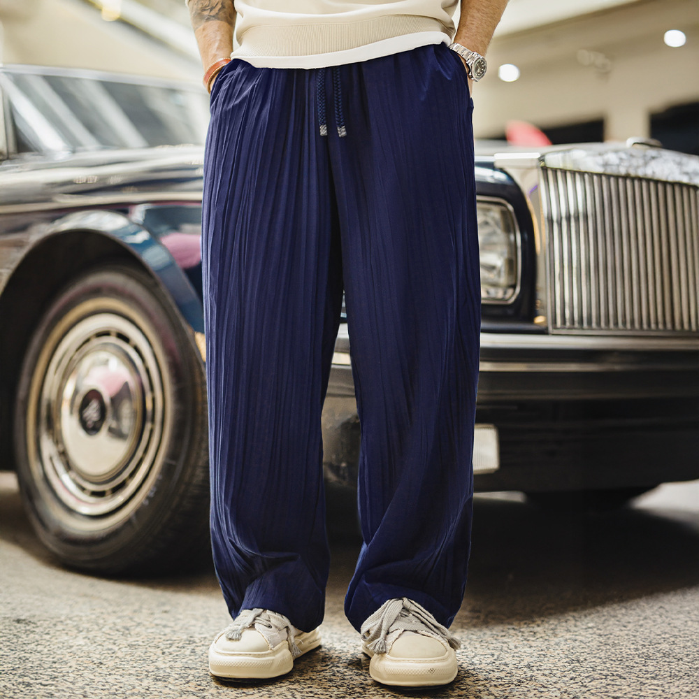 馬登工裝 日系褶皺休閒坐禪褲藏青色輕薄款透氣抽繩垂感長褲子男春夏