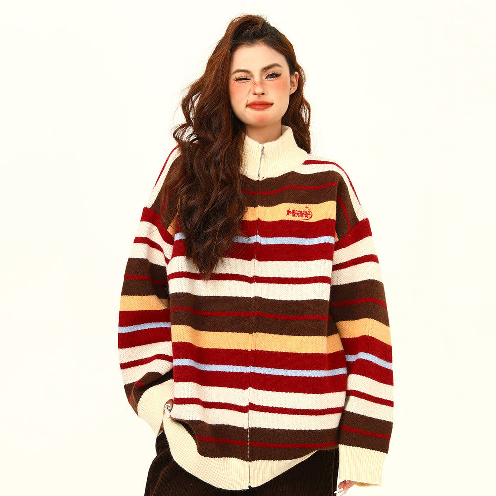 美式復古彩虹撞色針織衫半高領針織毛衣開衫寬鬆氛圍感外套