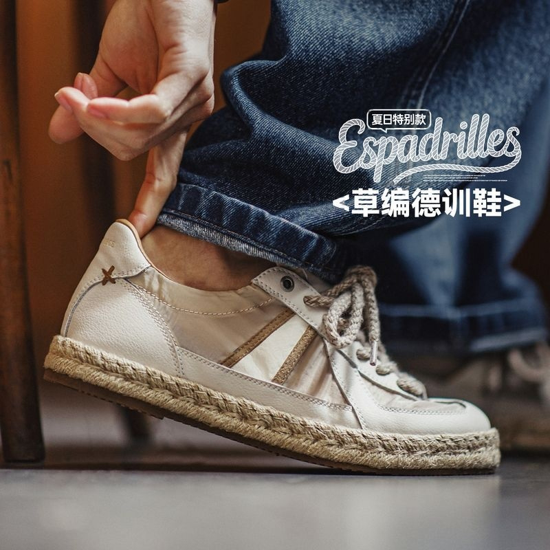 馬登男鞋 草編德訓鞋春夏季休閒透氣布鞋薄款板鞋半拖男士漁夫鞋