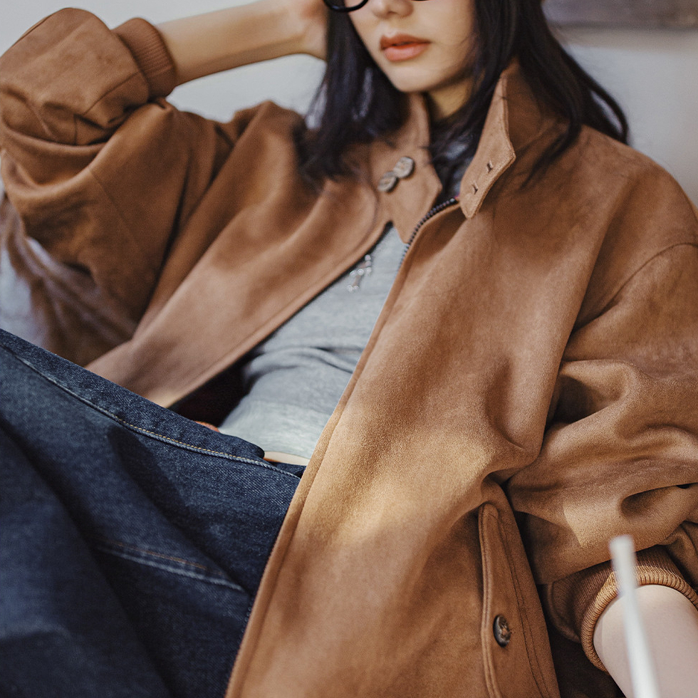 馬登女裝 美拉德復古麂皮絨面寬鬆肌理感外套立領哈靈頓夾克女士秋冬