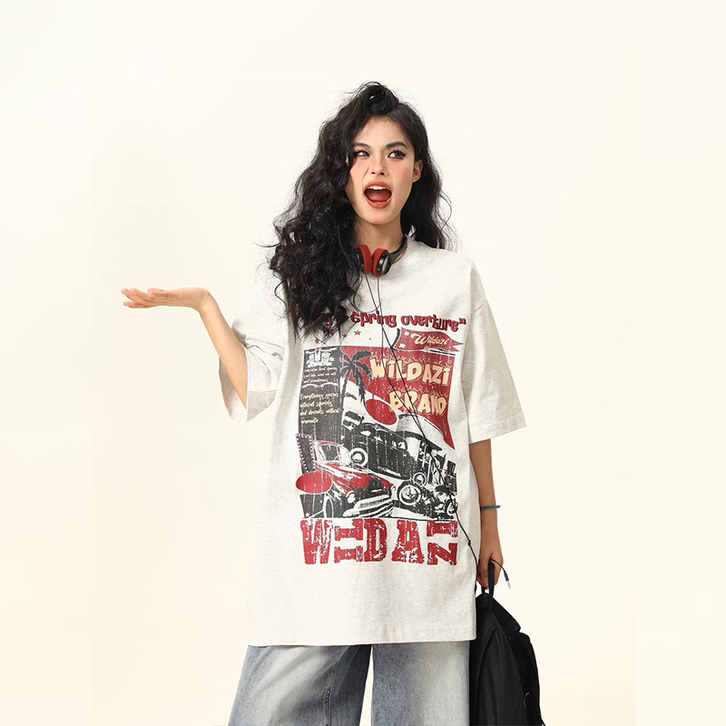 美式復古Vintage短袖T恤女小眾印花新款潮流情侶上衣