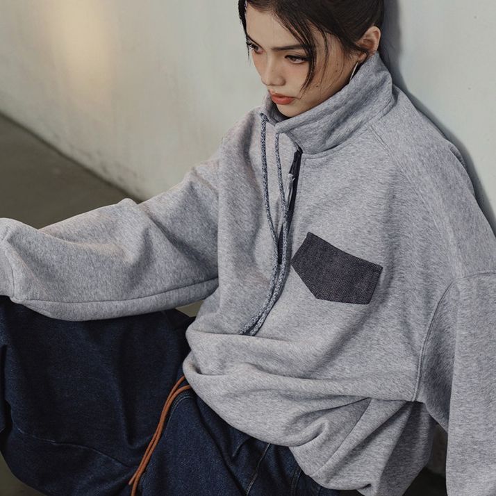 馬登女裝 半拉鍊套頭衛衣美式學院風立領上衣百搭廓形落肩長袖外套秋女