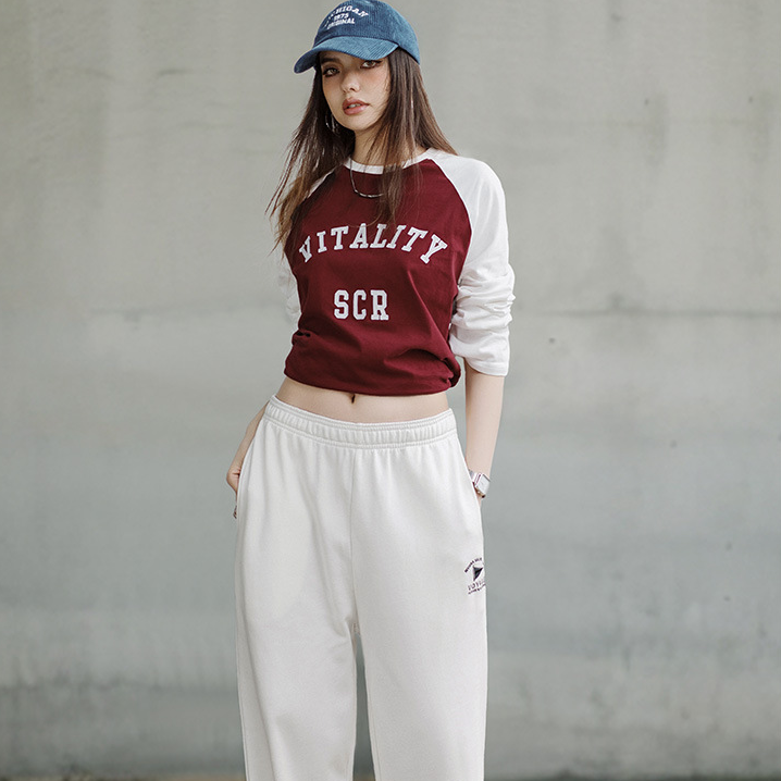 馬登女裝 美式酒紅色插肩長袖衛衣T恤撞色純棉寬鬆打底衫春秋