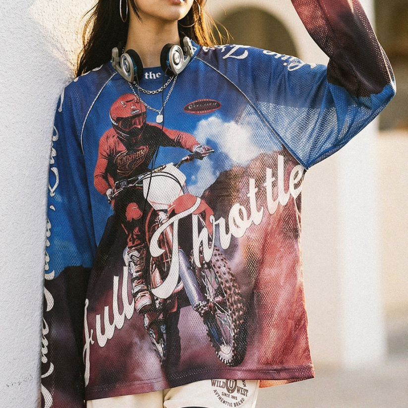 馬登女裝 美式復古針織滿印花長袖T恤薄款寬鬆立領套頭外穿上衣