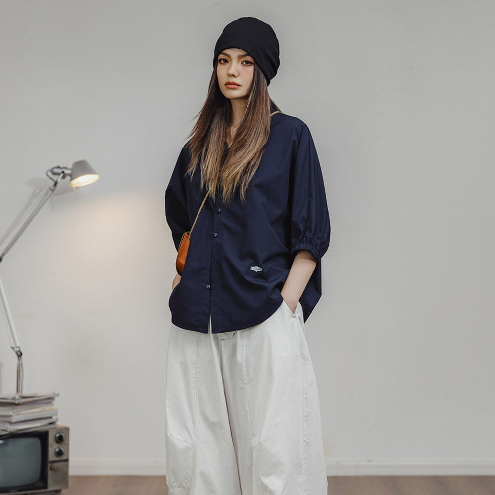 馬登女裝 美式襯衫七分袖寬鬆上衣蝙蝠袖休閒透氣立領外套可疊穿夏季女