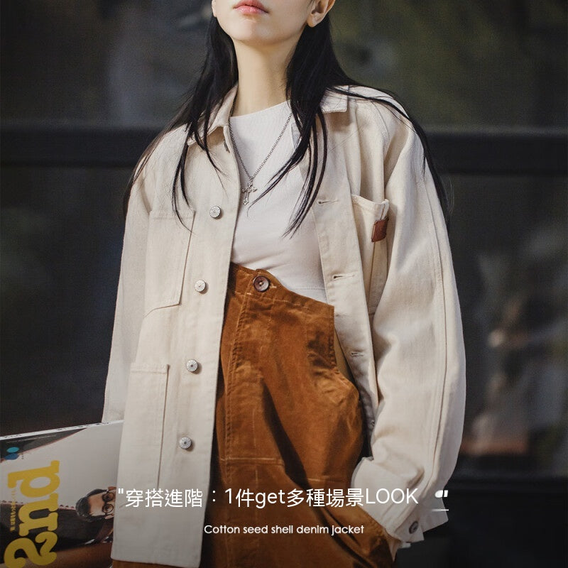 馬登女裝 法式復古棉籽殼牛仔外套寬鬆設計感小眾慵懶風工裝夾克