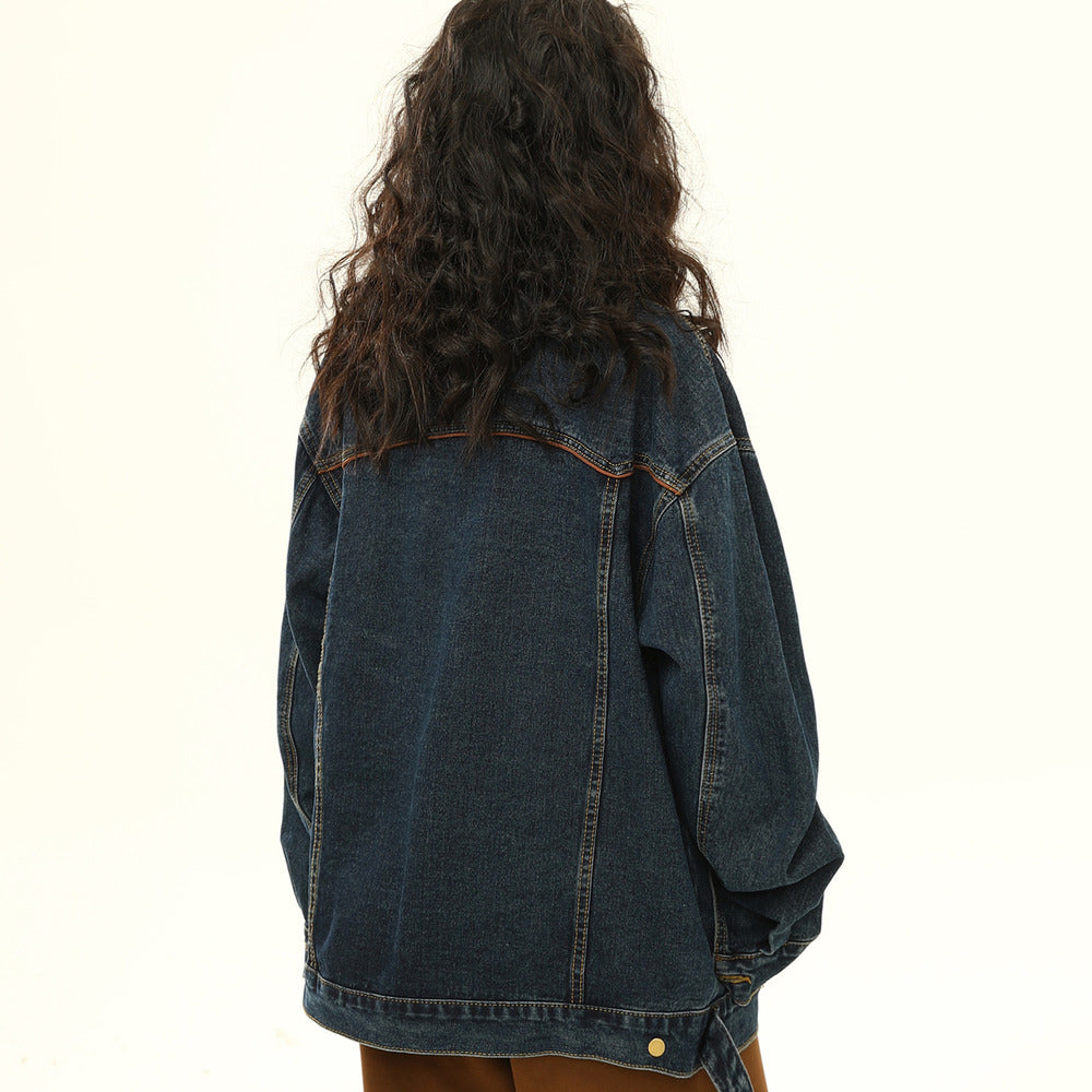 美式復古牛仔外套機車潮牌翻領夾克寬鬆上衣