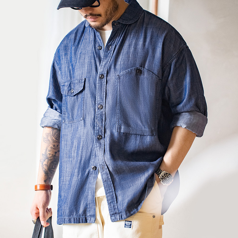 馬登工裝 美式復古天絲牛仔襯衫丹寧萊賽爾長袖襯衣外套