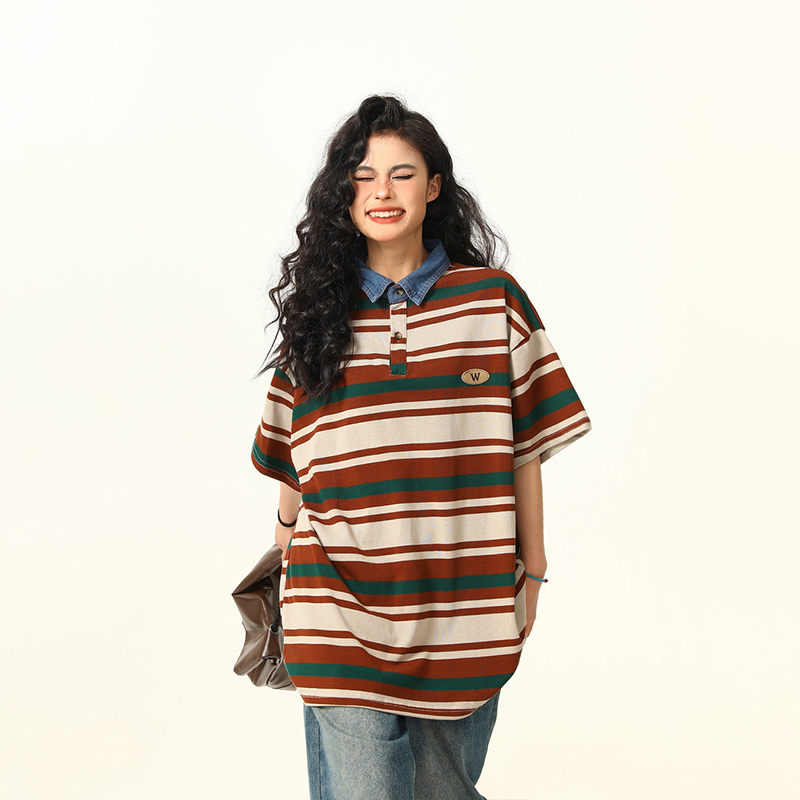 美式復古美拉德條紋短袖T恤女寬鬆Oversize夏季上衣