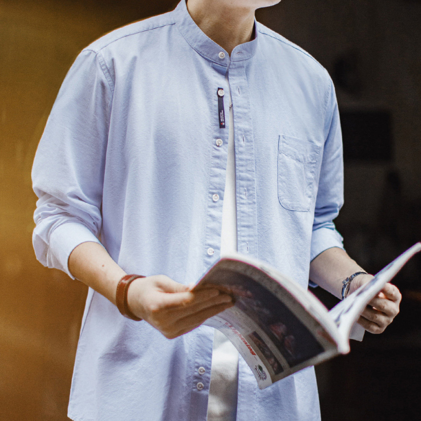 馬登工裝 美式牛津布長袖襯衫小高領立領牛津紡純棉襯衣外套男春