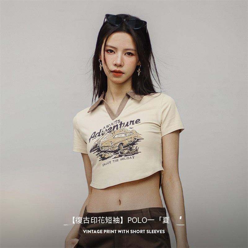 馬登女裝 復古印花Polo衫露腰短款正肩短袖修身顯瘦T恤辣妹鎖骨上衣