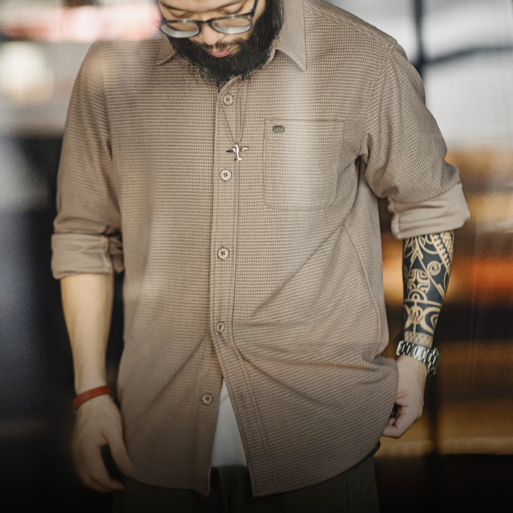 馬登工裝 美式復古玉米粒格子襯衫翻領純色休閒鬆弛感長袖襯衣男春秋