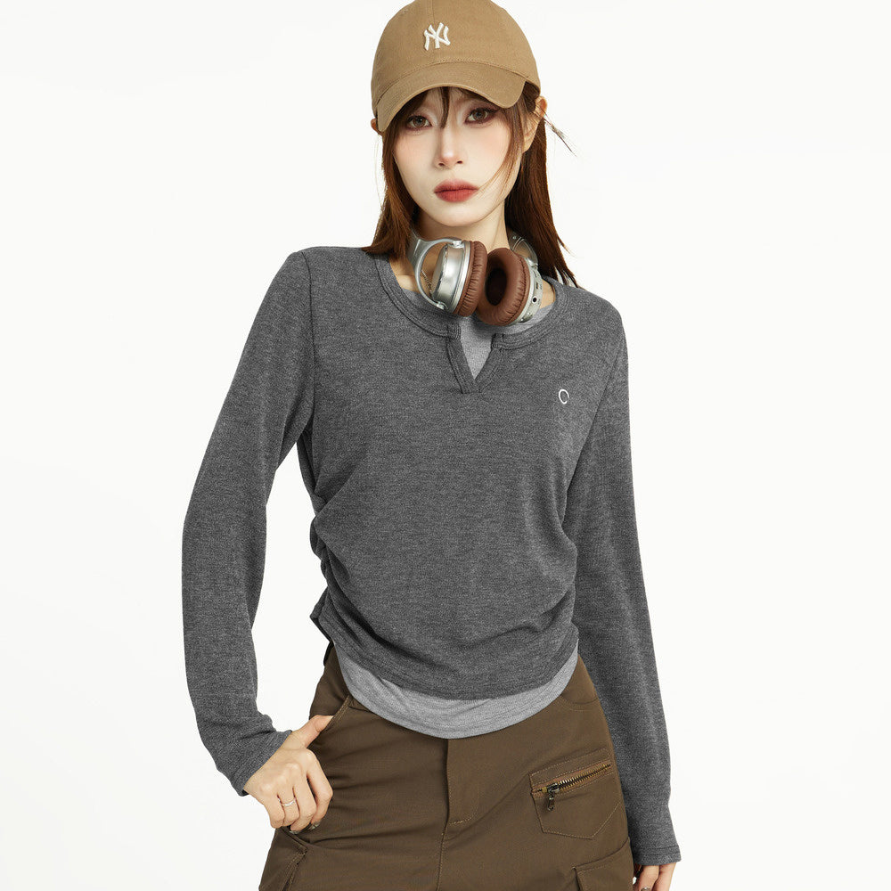 V領假兩件長袖T恤女春秋設計感小眾修身正肩打底衫上衣