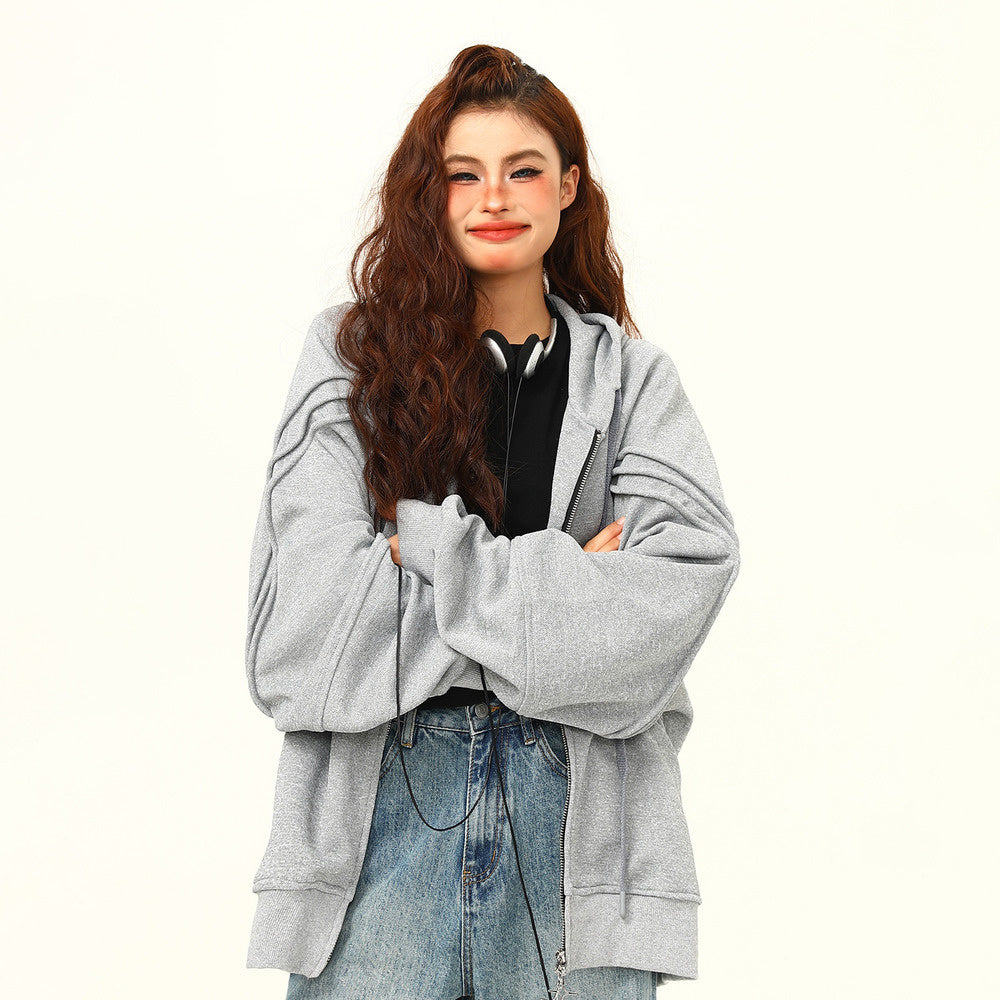 早秋衛衣外套小眾高級感拉鏈外套寬鬆灰色慵懶情侶上衣
