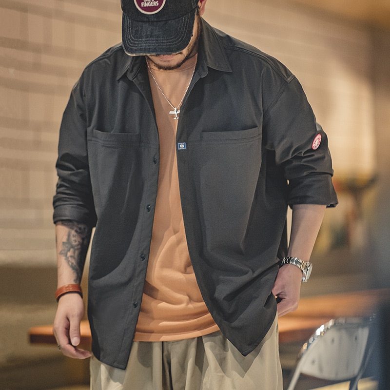 馬登工裝 山系深灰口袋襯衫美式休閒寬鬆長袖襯衫疊穿外套