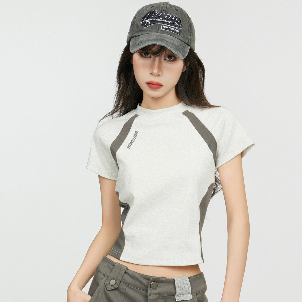 美式拼色正肩短袖T恤女夏季修身設計感小眾辣妹運動短款上衣