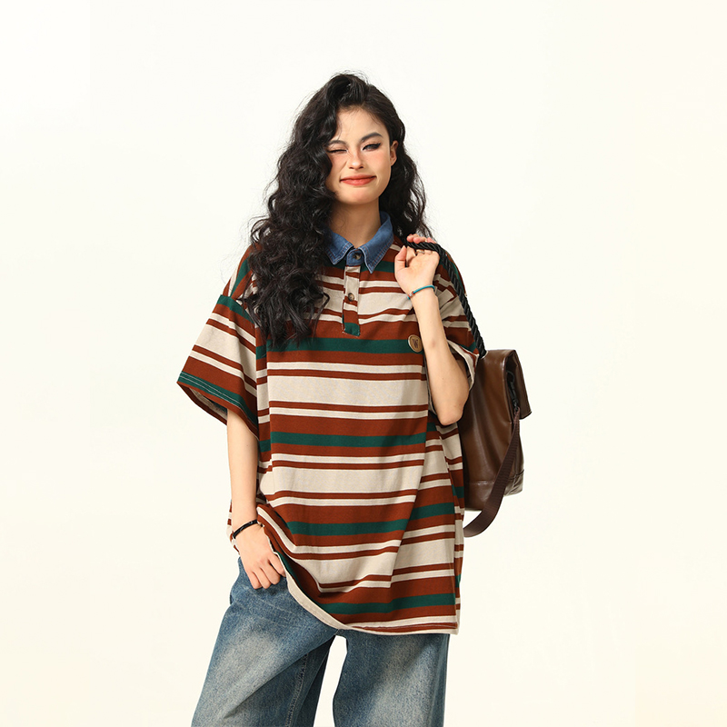 美式復古美拉德條紋短袖T恤女寬鬆Oversize夏季上衣