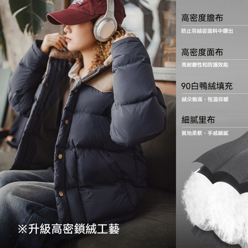 馬登女裝 90白鴨絨撞色麂皮拼接翻領加厚保暖工裝羽絨服夾克外套冬季