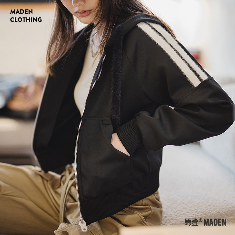 馬登女裝 空氣層hoodie開衫外套條紋毛絨拼接衛衣運動上衣