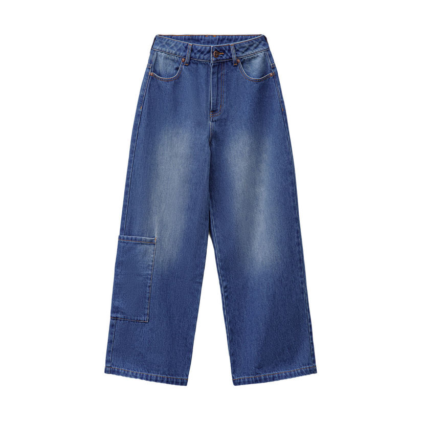 馬登女裝 丹寧藍色直筒拼接大口袋牛仔褲純棉闊腿工裝長褲子秋冬