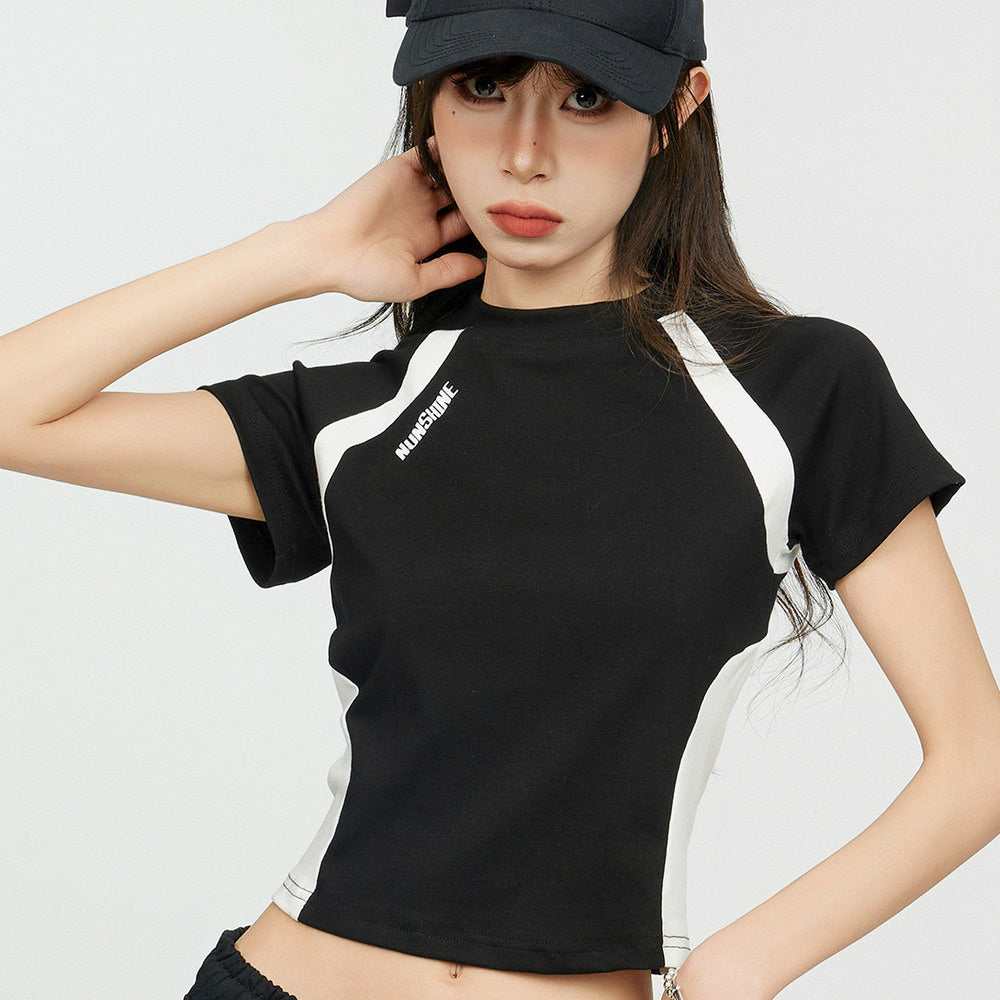 美式拼色正肩短袖T恤女夏季修身設計感小眾辣妹運動短款上衣