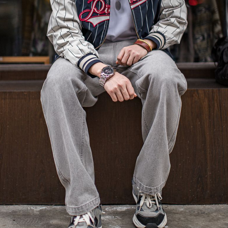 馬登工裝 美式復古水洗做舊格雷系灰牛仔褲破洞猫須伐木直筒褲男春