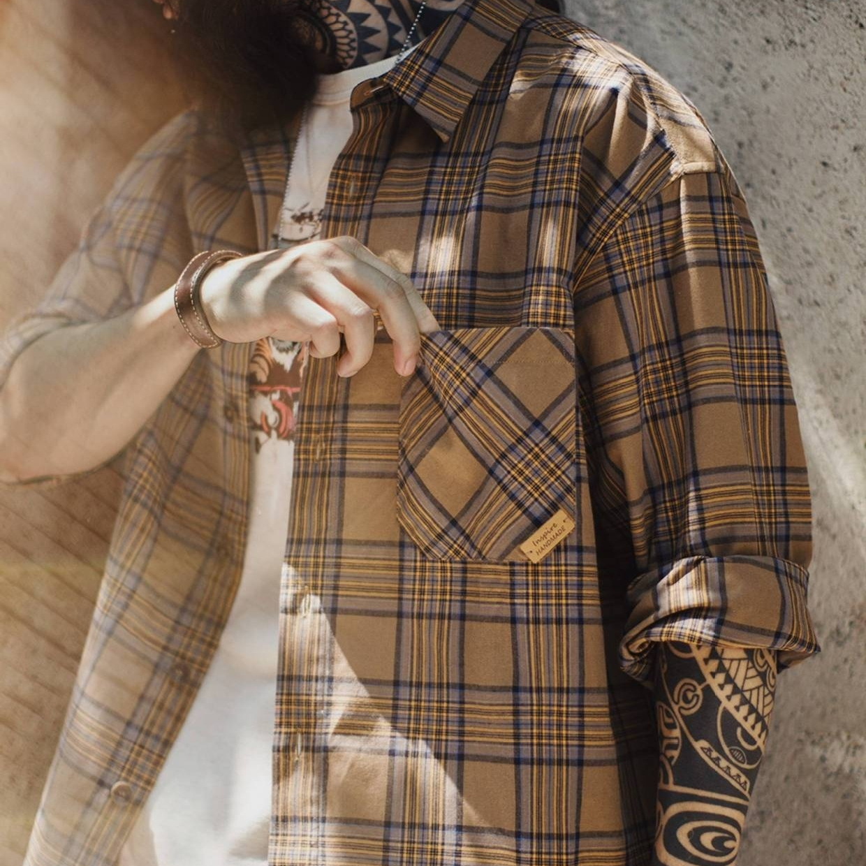 馬登工裝 美式復古格子襯衫薄款長袖純棉外套式棕色格紋襯衣男夏秋