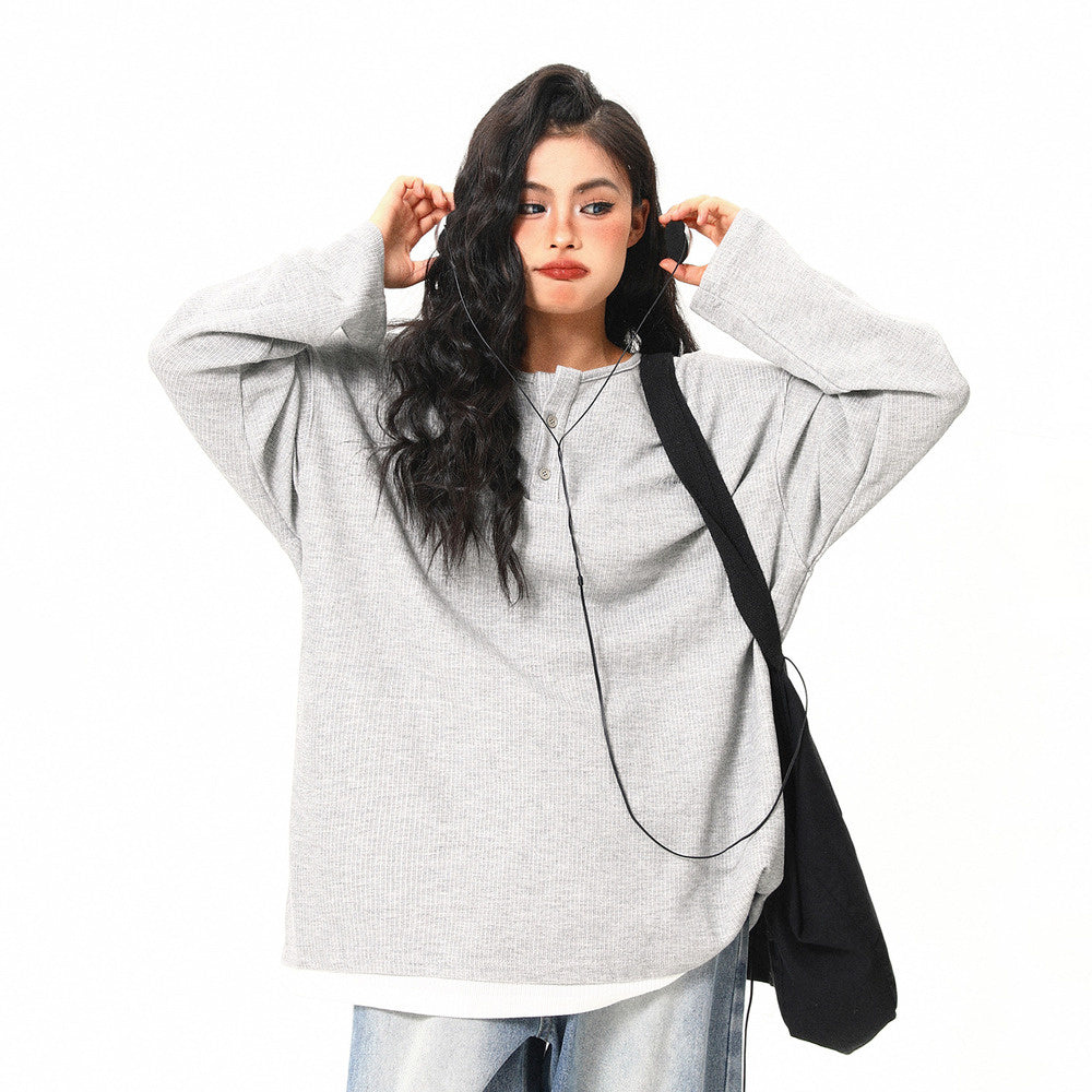 美式復古高級感假兩件長袖打底衫女秋季百搭潮流設計感上衣