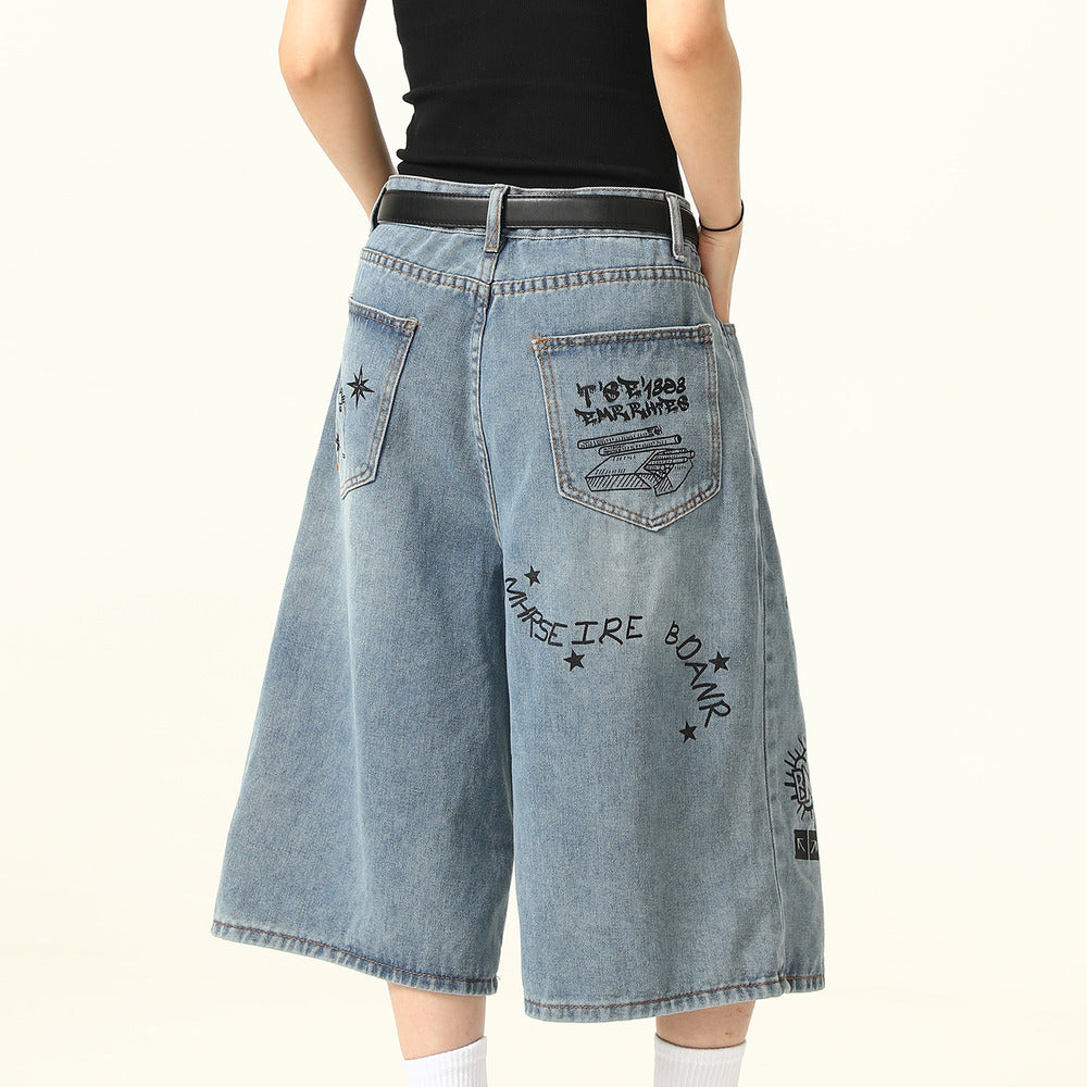 小眾設計感塗鴉字母牛仔短褲男女美式復古潮牌寬鬆七分褲