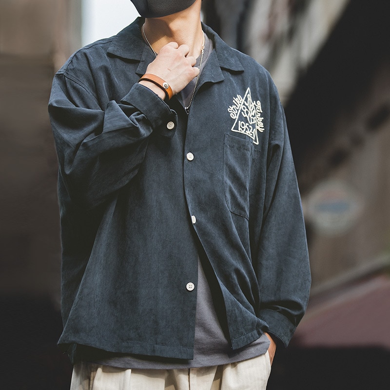 馬登工裝 美式復古桃皮絨磨毛襯衫寬鬆翻領保齡球刺繡襯衫男潮