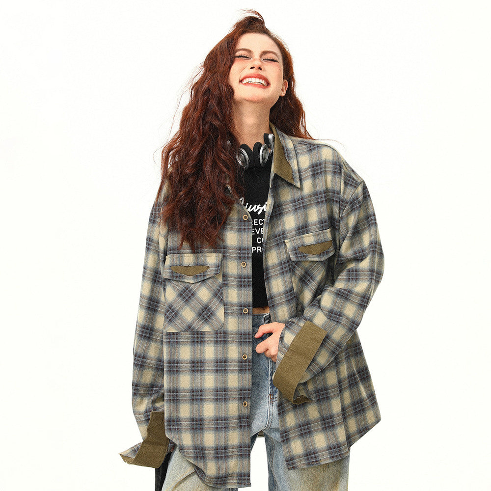 美式復古拼接撞色設計感秋季格子長袖襯衫外套女寬鬆百搭襯衣外套