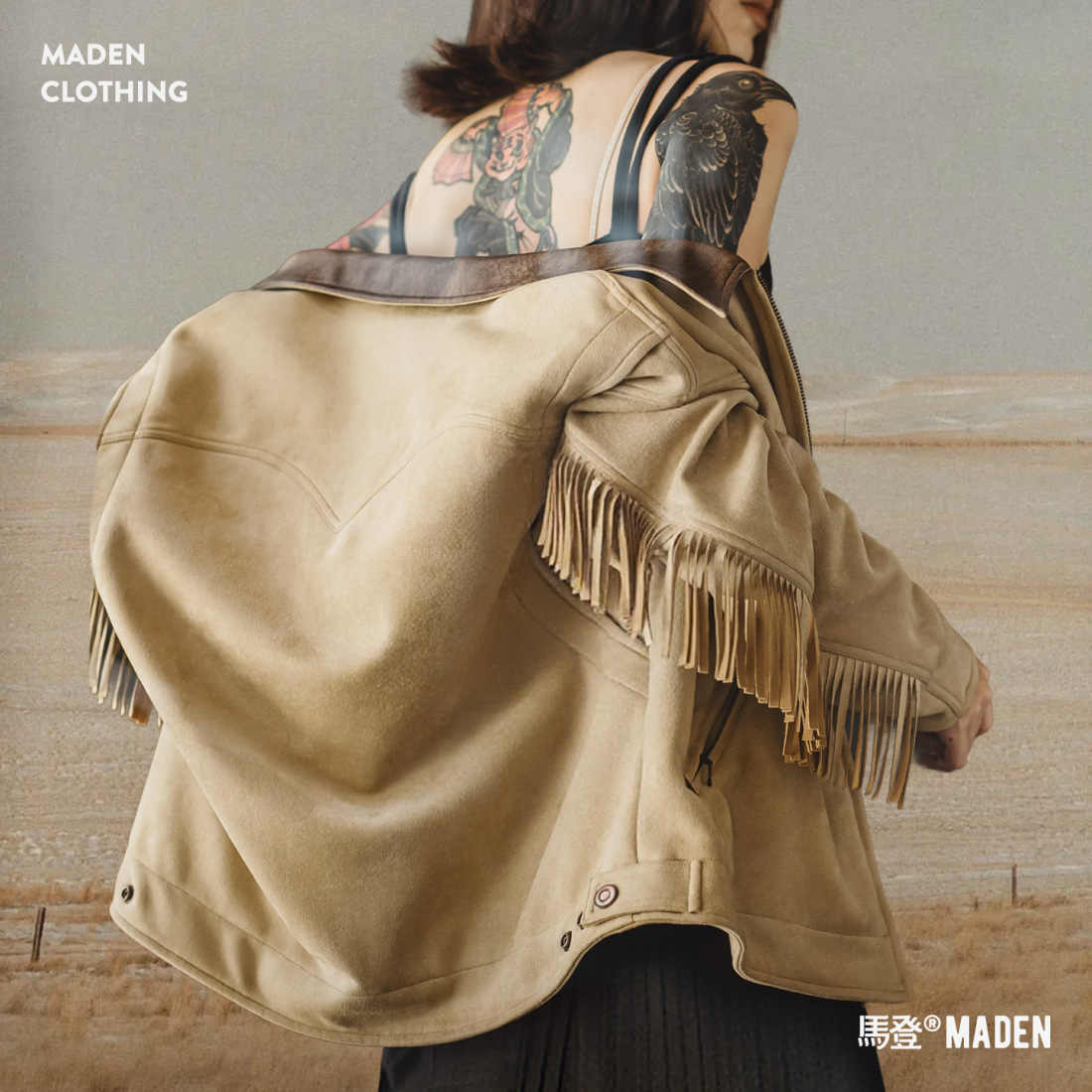 馬登女裝 巴恩風卡其撞色翻領絨面麂皮流蘇底特律工裝夾克外套女士秋冬