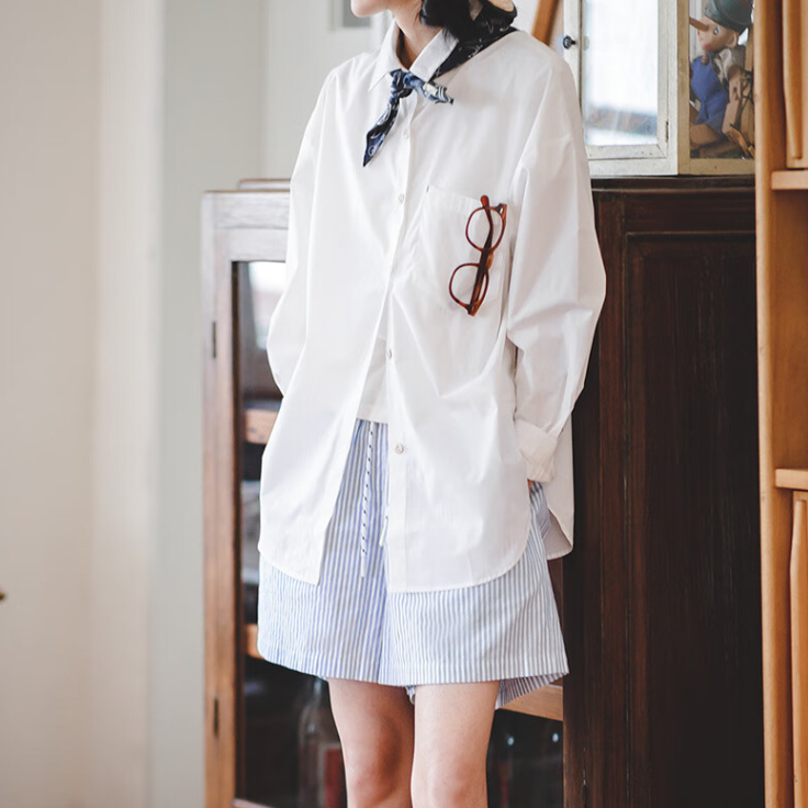 馬登女裝 藍白條紋休閒A字短褲純棉寬鬆顯瘦高腰運動闊腿短褲