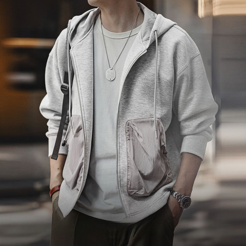 馬登工裝 美式休閒氣層開衫夾克拼接口袋運動連帽外套男秋冬