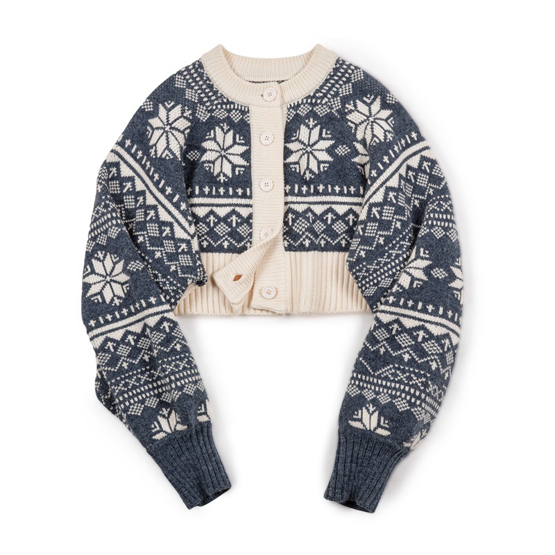 馬登女裝 美式休閒提花針織開衫圓領短款毛衣外套女秋冬