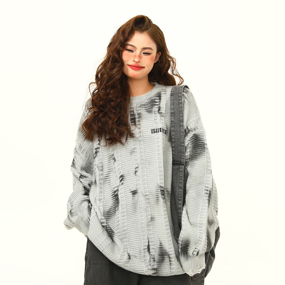 美式復古廢土風紮染設計感毛衣秋季寬鬆慵懶風破損針織毛衣打底衫