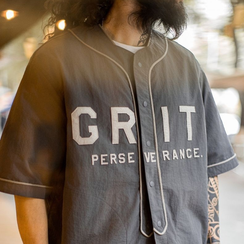 馬登工裝 美式休閒GRIT棒球服貼布繡襯衫日系灰色薄款襯衣男春夏