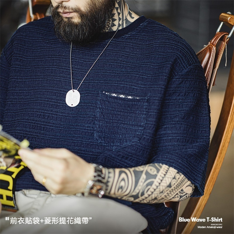 馬登工裝 美式復古藍調針織提花波浪紋口袋T恤肌理感寬鬆短袖體恤