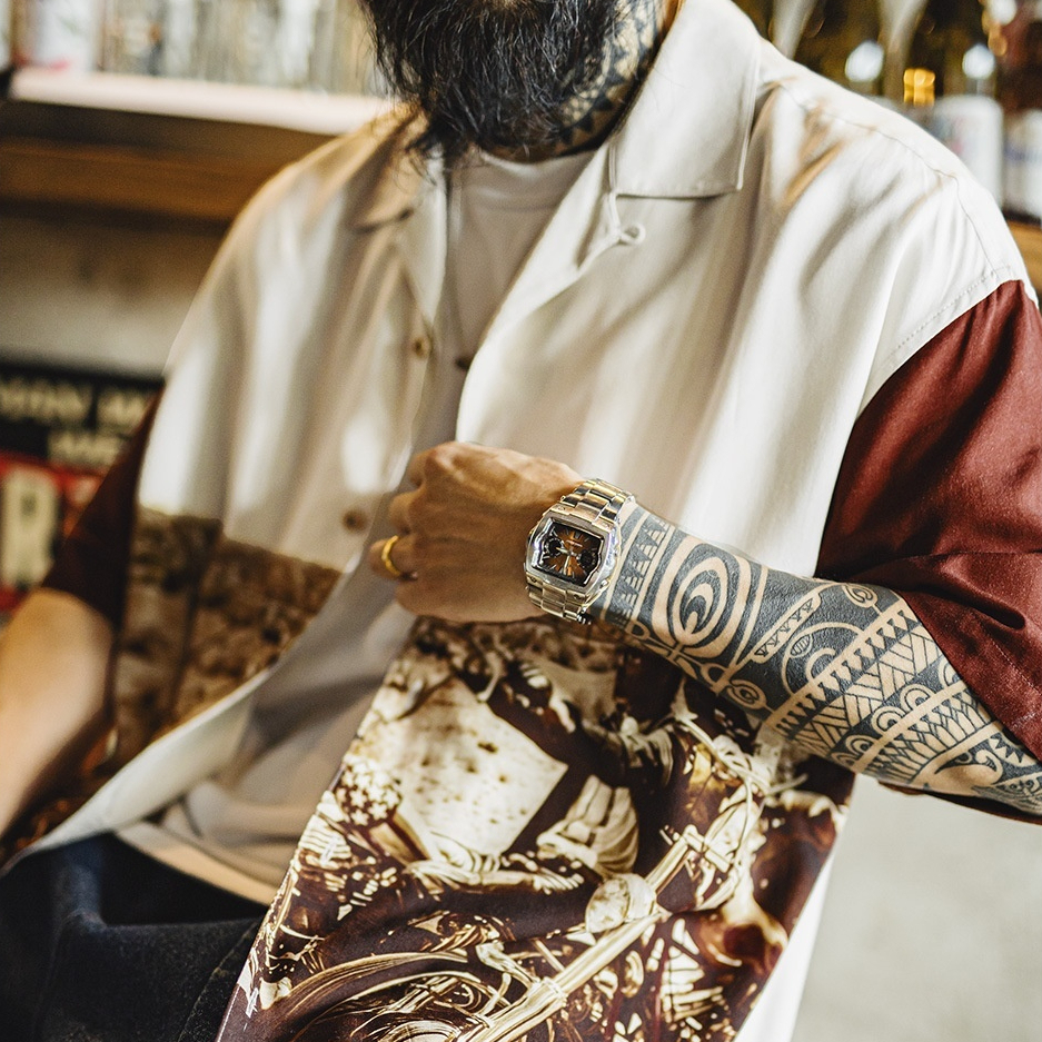 馬登工裝 美式復古撞色古巴領襯衫垂感滿印花襯衣薄款短袖外套男夏