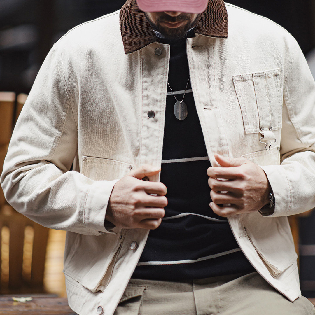 馬登工裝 美式棉籽殼J22白色翻領夾克獵裝法式燈芯絨領外套男春季