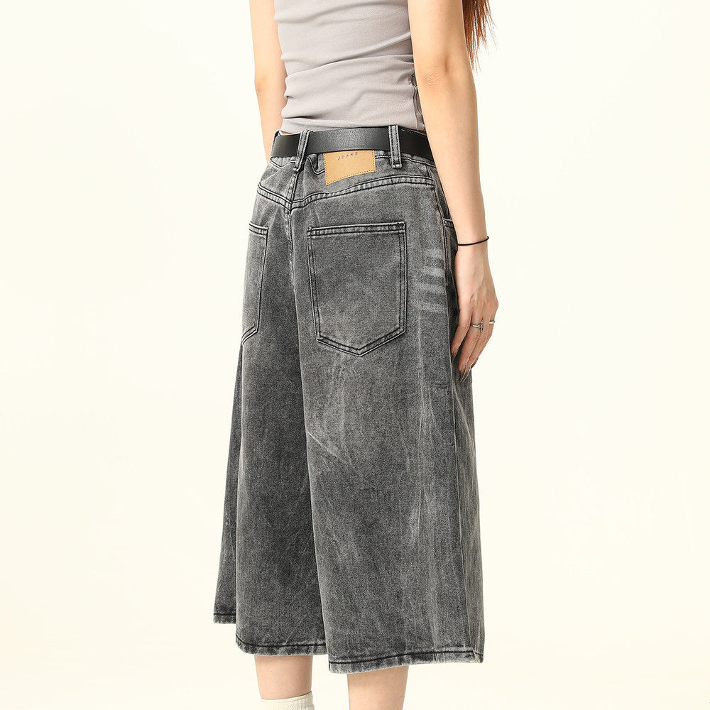 水洗做舊高街七分牛仔褲夏季復古直筒中褲閃電紋潮牌七分褲